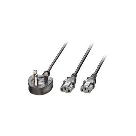 Lindy 2.5m UK 3 Pin Plug to 2 x IEC C13 Splitter Extension Cable. Black