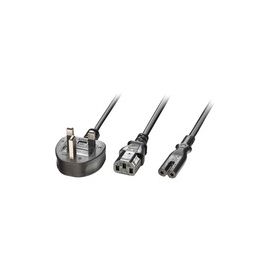 Lindy 2.5m UK 3 Pin Plug to IEC C13 and IEC C7 Splitter Extension Cable. Black