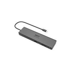 Port Connect USB-C travel triple docking station. Support for up to 3 displays via its DisplayPort; VGA and or VGA connections. Includes RJ45 Gigabit Ethernet; 2 x USB 3.0; 2 x USB 2.0; 1x Combo Card Reader support SD & MicroSD and 1 x Combo Jack Audio/Mi