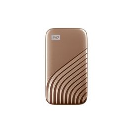 WD MY PASSPORT SSD 2TB GOLD COLOR USB 3.2 GEN-2 TYPE C TYPE A COMPATIBLE 1050MB/S READ AND 1000MB/S WRITE PASSWORD ENABLED 256-BIT AES HARDWARE ENCRYPTION PC MAC COMPATIBLE 5 YEAR WARRANTY